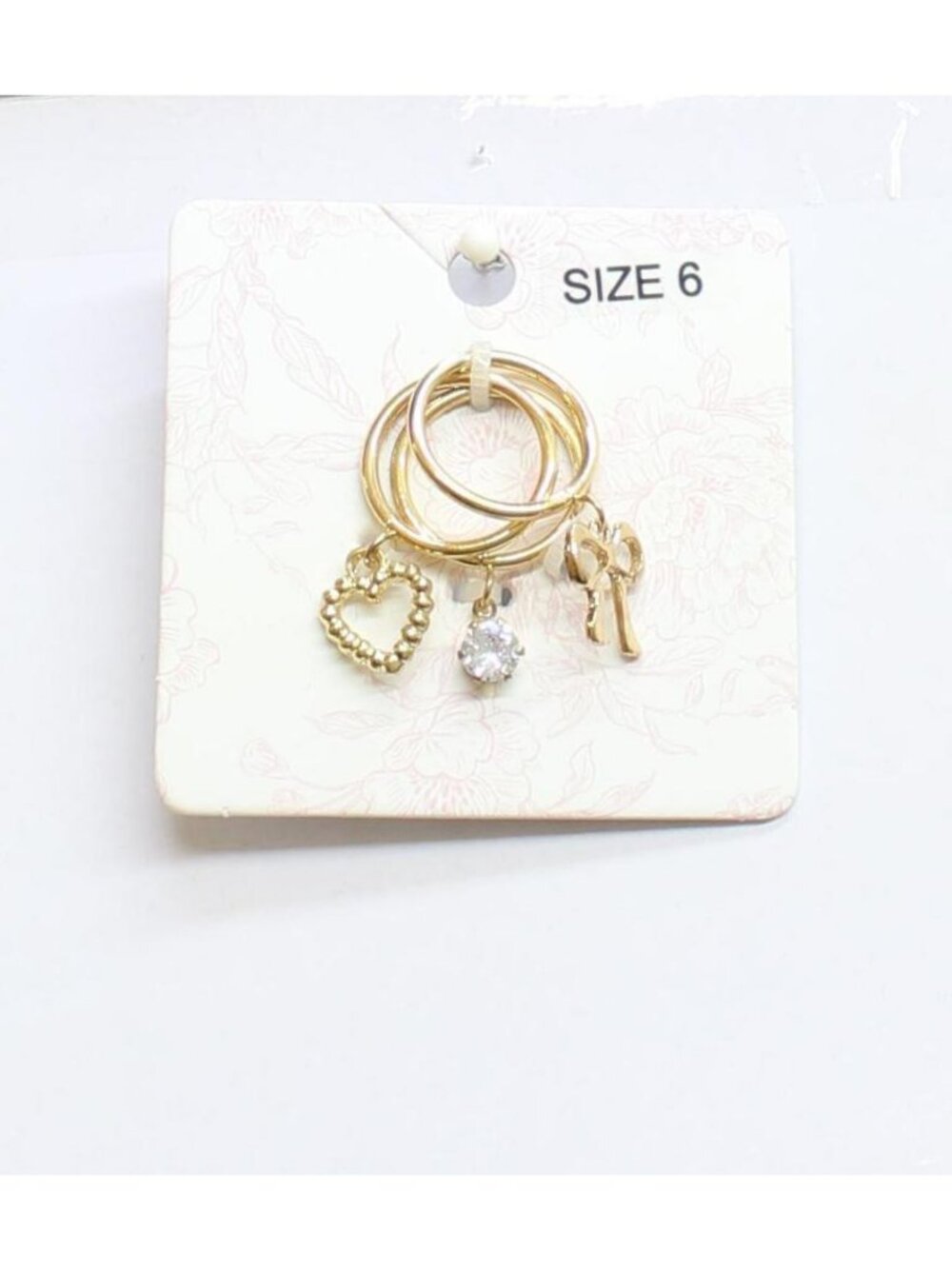 NWT Francesca's 3-Pack Charm Rings with Heart, Bow and Stone Gold Yellow 6